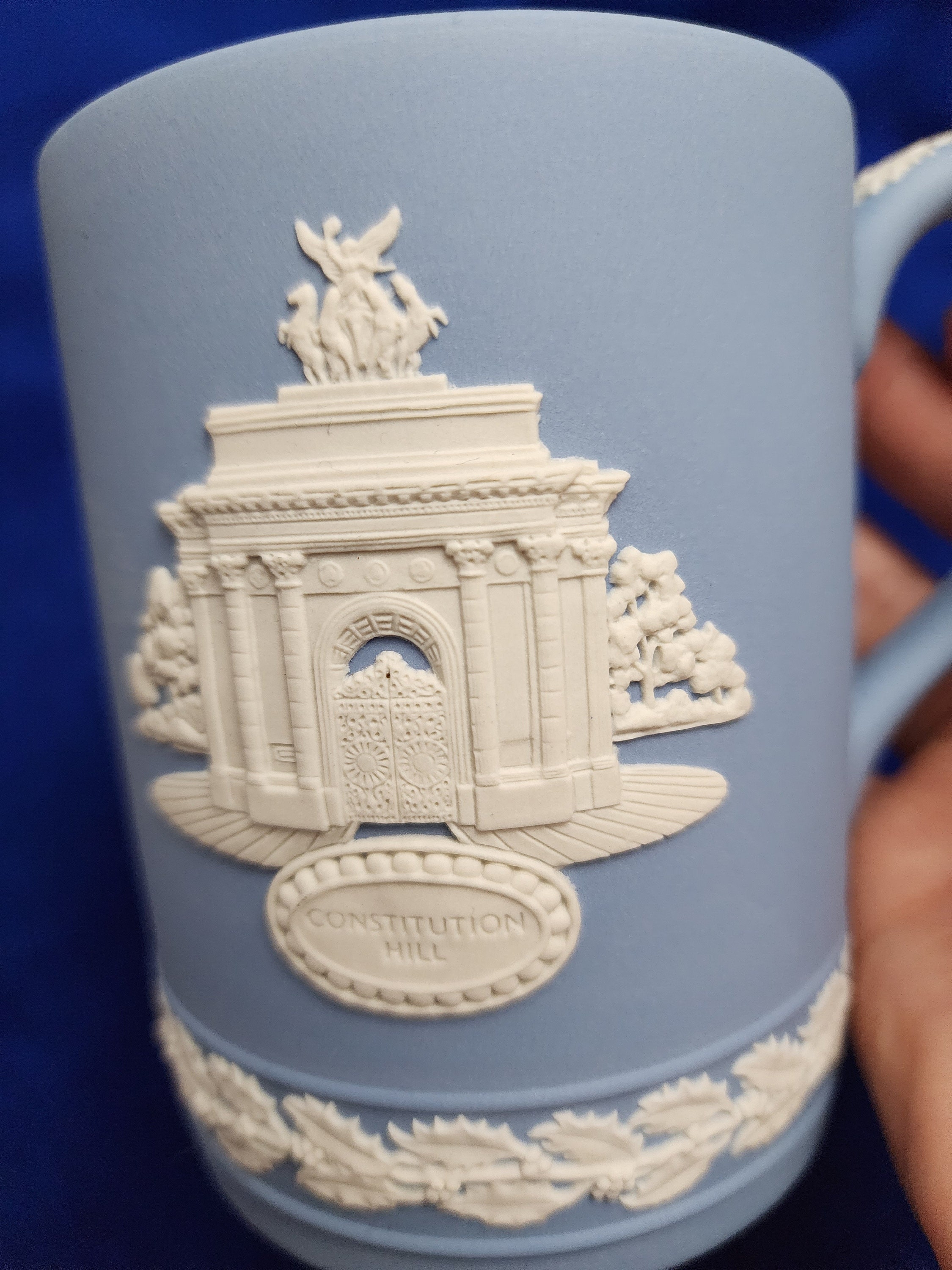Wedgwood Blue Jasperware Large New Mug. Wellington Arch in Constitution