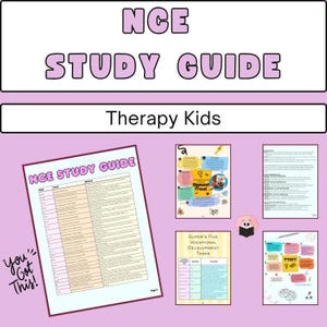 May include: A pink and white study guide for the National Counselor Examination (NCE) with the text "NCE STUDY GUIDE" and "Therapy Kids". The guide includes a table with information about different topics, a mind map with the text "Sigmund Freud", a table with the text "Super's Five Vocational Development Tasks", and a mind map with the text "T-Test".