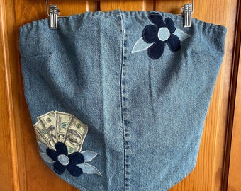 Handmade Reversible Denim Tube Top / Show Me The Money Tube Top / 2 Tops in One / Denim Patchwork Tie Top