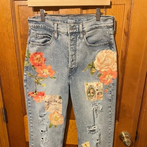 Vintage denim | Old Navy | Skinny Jeans | Button Fly | Vintage Denim | Distressed Denim | Birds and Cats | Victorian Fabric