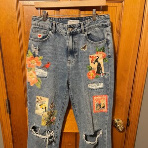 High Rise 90s relaxed jeans / Patched Denim / Vintage Jeans with Patches / boyfriend jeans/ 90s mom jeans / butterflies / dogs / florals