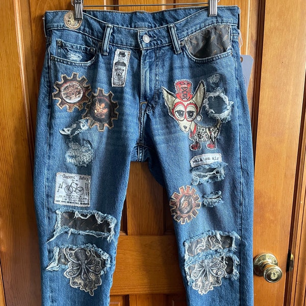 Steampunk upcycled distressed jeans / 90s denim jeans / Steampunk / Dogs / Distressed Denim / Abercrombie & Fitch / Gears / Skulls