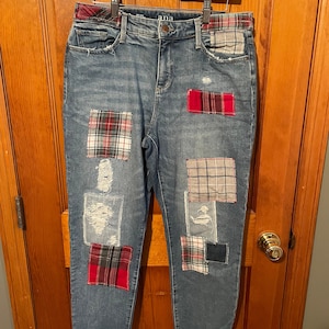 Made to order/Distressed Vintage Boyfriend Jeans/Flannel/Hipster Jeans/Grunge Jeans/boho/vintage jeans/womens jeans/plaid