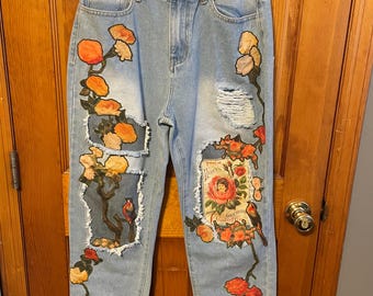 Upcycled Botanical Art Jeans | Vintage Rose & Bird Denim | Cottagecore Wearable Art | One-of-a-Kind Romantic Statement Jeans