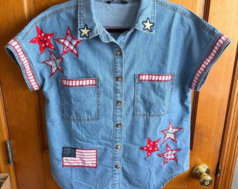 Upcycled Patriotic Denim Shirt | Americana Patchwork Button Up | Handmade USA Flag & Star Denim Top | Cottagecore Western Fourth of July