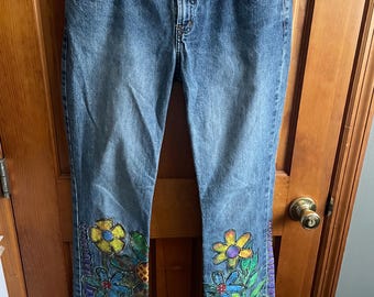 Upcycled Floral Appliqué Jeans | One of a Kind Garden Patchwork Denim | Colorful Bootcut Statement Pants | Cottagecore Wearable Art