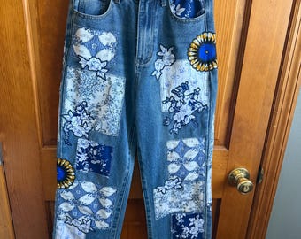 Upcycled Patchwork Jeans – Blue Floral Denim, Vintage Toile Fabric Appliqué, Straight Leg Jeans, One of a Kind