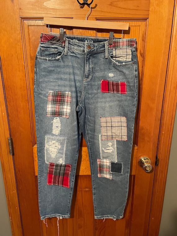 Made to order/Distressed Vintage Boyfriend Jeans/Flannel/Hipster Jeans/Grunge Jeans/boho/vintage jeans/womens jeans/plaid