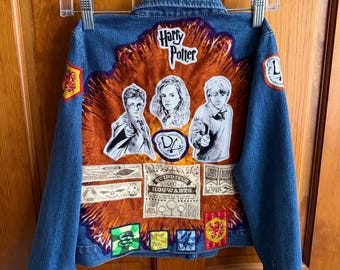 Upcycled Harry Potter Denim Jacket Handmade Appliqué Jean Jacket | Hogwarts Patchwork Coat | Wizard School Vintage Style | One of kind