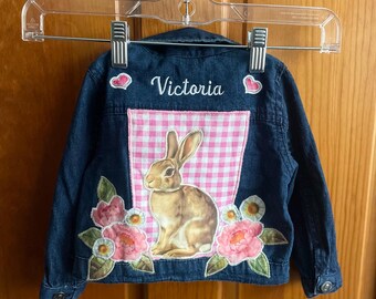 Bunny Baby Denim Jacket – Upcycled Jacket Pink Gingham Rabbit & Floral Appliqué – Toddler