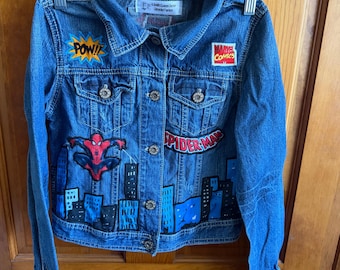 Kids Upcycled Denim Jacket – Spider-Man Comic Patch Jean Jacket, Marvel Inspired, One of a Kind Boys Girls Jacket