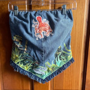 Handmade Strapless Denim Top with Sea Life Appliqués – Upcycled Denim Tube Top