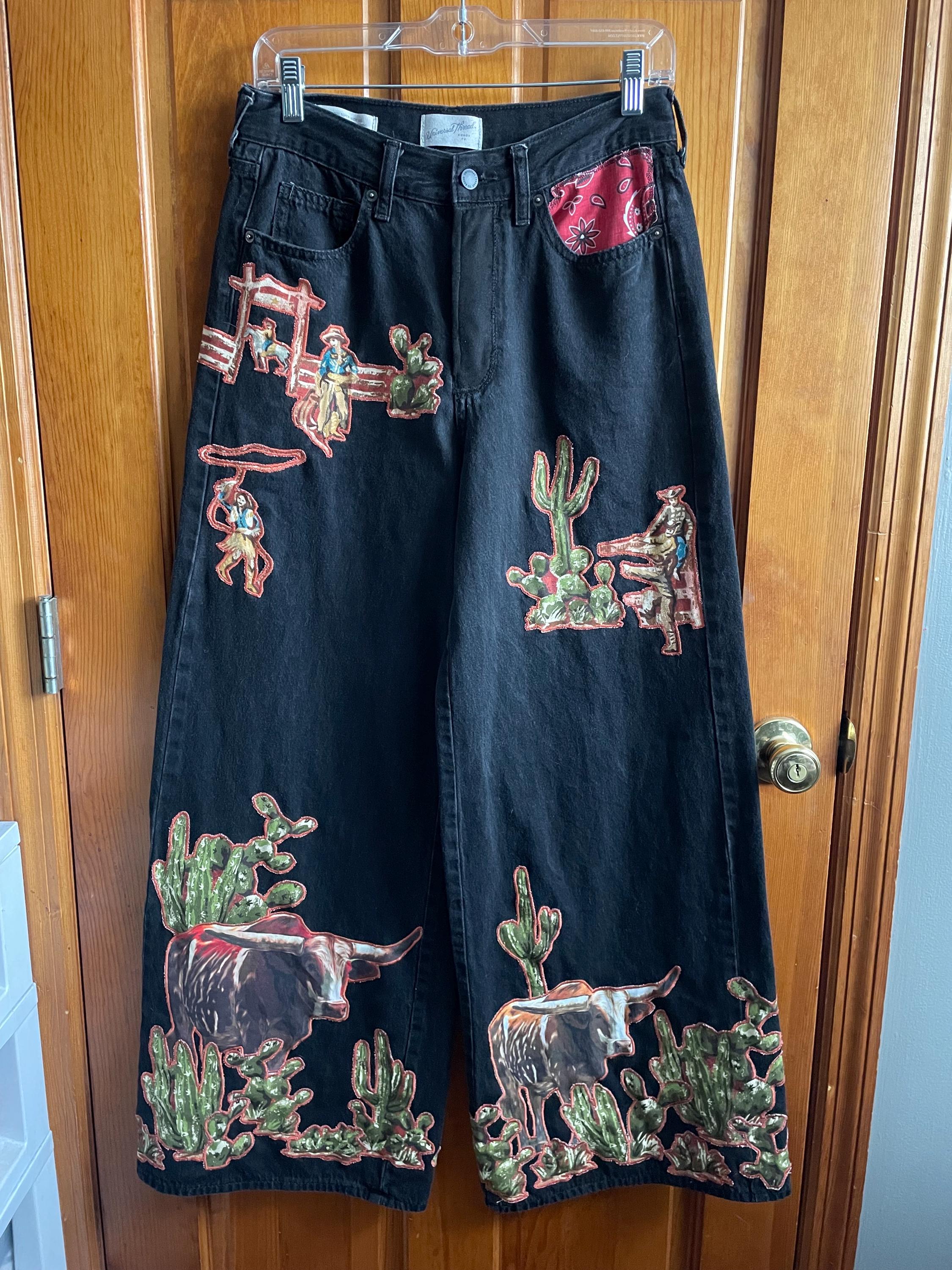 WIDE LEG Western Cowgirl Denim Pants | Rodeo Longhorn Patchwork Jeans ...