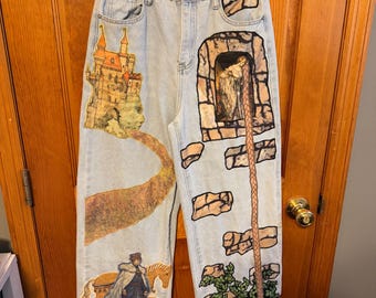 Upcycled Rapunzel Fairytale Jeans – Fabric Appliqué Denim Pants, Castle & Tower Scene, Cottagecore Fantasy Wide Leg Jeans, One of a Kin