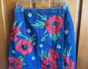 Upcycled Denim Mini Skirt – Red Poppy Floral Appliqué Jean Skirt, Vintage Inspired Wrap Skirt, One of a Kind
