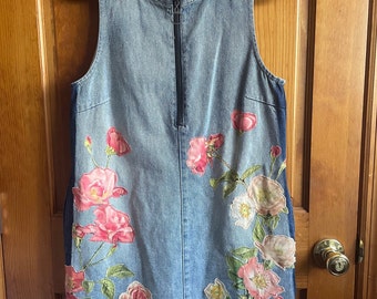 Upcycled Denim Dress / Handmade Floral Patchwork / Dress with Pockets