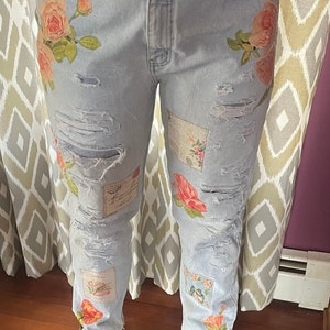 Distressed Patched Denim / Patched Jeans / Vintage Jeans with Patches / vintage brand jeans/mom jeans
