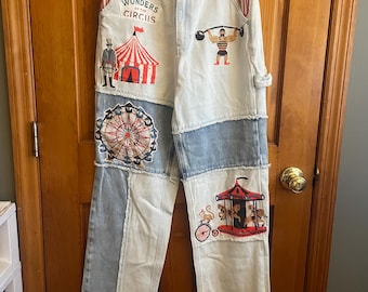 Upcycled Circus Patchwork Jeans – Carnival Theme Denim Pants – Ferris Wheel & Big Top Appliqué – One of a Kind Artistic Denim – Statement