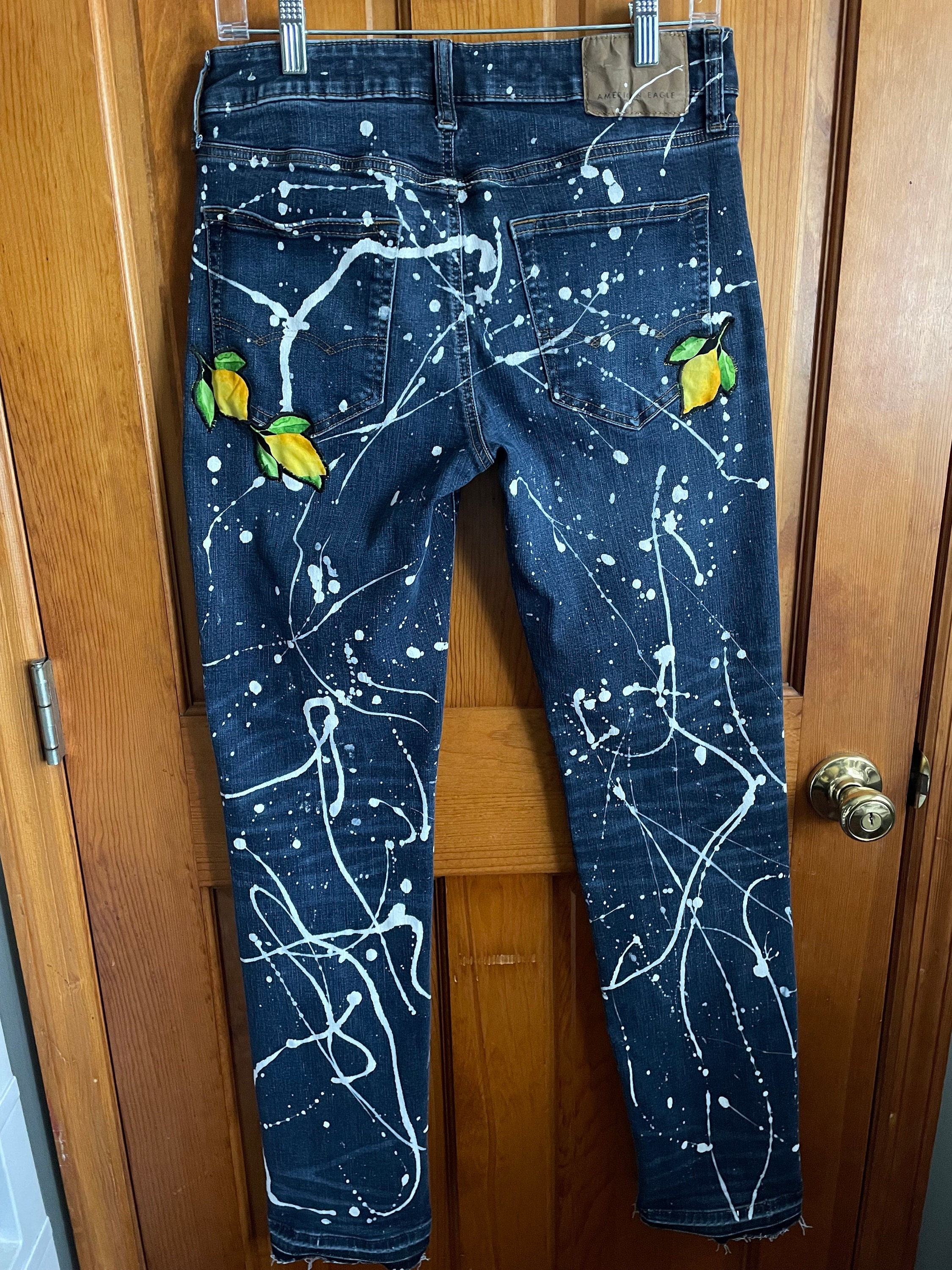 Paint Splattered Lemon Jeans / Painted Denim / Lemon Denim / Upcycled Jeans / Paint Splatter