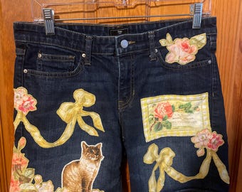 Upcycled Denim Shorts with Vintage Cat & Floral Appliqués | Cottagecore Ribbon Patchwork Shorts | One-of-a-Kind Handcrafted Jean Shorts