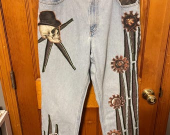Upcycled Steampunk Skull Jeans | Industrial Gear Patch Denim | One-of-a-Kind Hand Embellished Statement Jeans | L.L.Bean Vintage Denim