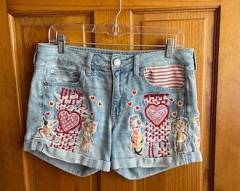 Upcycled Patchwork Denim Shorts – Ragdoll Whimsical, Hearts & Red Quilt Appliqué, One of a Kind Festival Summer Shorts