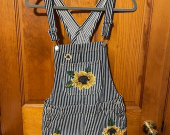 Upcycled Striped Sunflower overalls