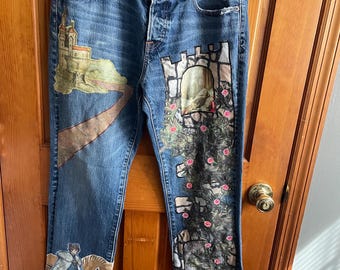 Upcycled Medieval Fantasy Jeans | Handcrafted Castle & Knight Denim | Dark Wash Cottagecore Pants | One-of-a-Kind Artistic Jeans