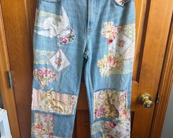 Upcycled Cottagecore Jeans – Vintage Floral Patchwork Denim, Deer & Bunny Appliqué, Shabby Chic Wide Leg Jeans