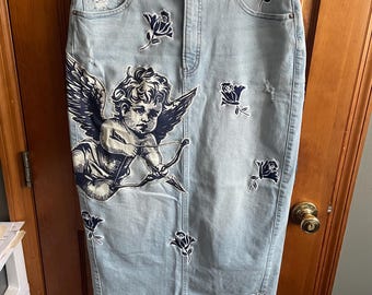 Upcycled Cupid Denim Midi Skirt | One of a Kind Angel Appliqué Skirt | Gothic Romantic Patchwork Jean Skirt | Express Denim