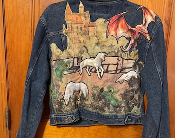 Upcycled Fantasy Jean Jacket • Dragon & Castle Appliqué Jacket • Unicorn Enchanted Forest Denim • statement jacket