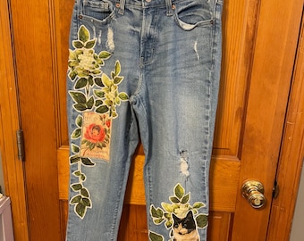 Upcycled Floral Cat Jeans – Vintage Style Patchwork Denim – One of a Kind Appliqué Jeans – Cottagecore Boho Statement Pants