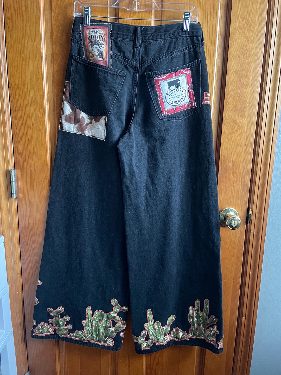 WIDE LEG Western Cowgirl Denim Pants | Rodeo Longhorn Patchwork Jeans ...