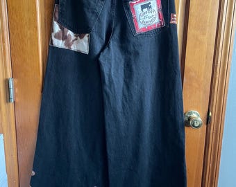WIDE LEG Western Cowgirl Denim Pants | Rodeo Longhorn Patchwork Jeans | Cactus Desert Appliqué Wide Leg Pants | Vintage Bandana