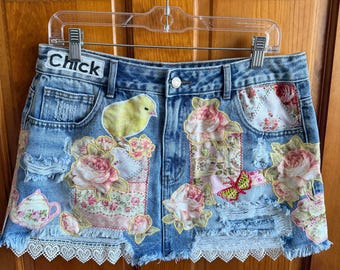 Upcycled Denim Mini Skirt – Cottagecore Floral Patchwork Skirt with Lace Trim, Chick Appliqué, One of a Kind