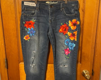 Distressed Patched Denim / Patched Jeans / Reworked Vintage Jeans with Patches / vintage brand jeans/redone jeans /boyfriend jeans