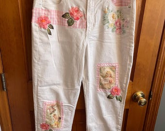 Upcycled White Floral Jeans – Vintage Rose & Cherub Patchwork Denim – Cottagecore Gingham Statement Pants – One of a Kind