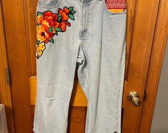 Upcycled Floral Patchwork Jeans – Boho Denim with Yellow Pom Trim – One of a Kind Statement Pants – Festival & Vacation Ready