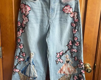 Upcycled Cherry Blossom Statement Jeans – Wide Leg Denim with Vintage Fashion Illustration & Appliqué Detail – One of a Kind Artistic Pants
