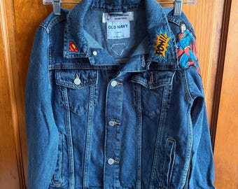 Kids Upcycled Denim Jacket – Superman Comic Patch Jacket, Black Jean Jacket, Superhero Kids Jacket, One of a Kind