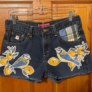 Vintage Levi Denim Cutoff Shorts / Upcycled vintage jean shorts / Lemons and Plaid patchwork jean shorts / Levi 515s vintage shorts / Birds
