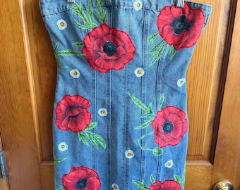 Upcycled Denim Corset Dress – Red Poppy Floral Appliqué Strapless Mini Dress, One of a Kind Jean Dress