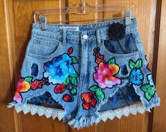 Upcycled Floral Denim Shorts | Handmade Boho Patchwork Jean Shorts with Lace Trim | One-of-a-Kind Festival, Cottagecore & Western Summer Den