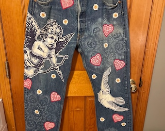 Upcycled Levi’s 501 Cupid Jeans • Cherub & Dove Appliqué • Heart Patchwork Denim • Cottagecore Love Jeans • One-of-a-Kind Reworked Denim