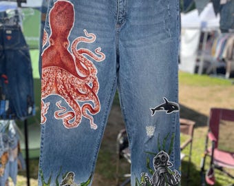 Upcycled Ocean-Themed Jeans with Octopus & Underwater Appliqués | Handcrafted Statement Denim