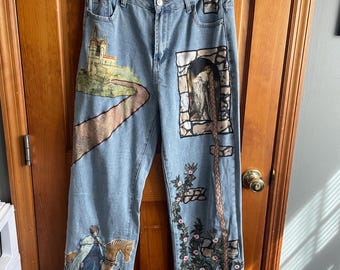 Upcycled Fairytale Denim Jeans | Handcrafted Castle & Knight Scenic Jeans | Cottagecore Fantasy Pants | One-of-a-Kind Artistic Rapunzel