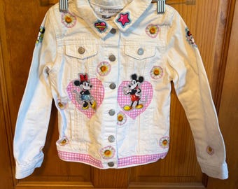 Upcycled Disney Kids Denim Jacket | Mickey & Minnie Patch Jacket | Handmade One-of-a-Kind Girls Jean Jacket | Cottagecore Disney Fashion
