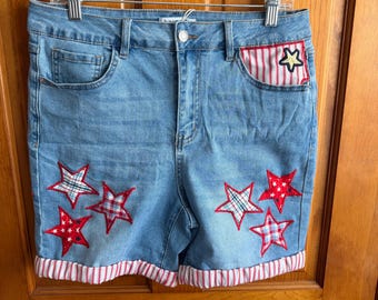 Upcycled Patriotic Denim Shorts | Americana Patchwork Jean Shorts | Handmade Red White Blue Festival Shorts | Fourth of July Western Denim
