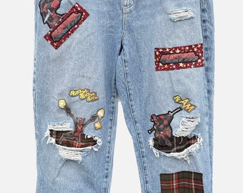 Deadpool patchwork distressed jeans / Superhero Denim / Deadpool / Patchwork denim