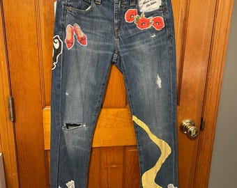 Upcycled Wizard of Oz Jeans • One-of-a-Kind Appliqué Denim • Yellow Brick Road Pants • Handcrafted Poppy Patch Jeans • Size 25R